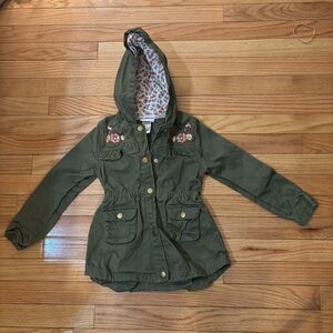 Little Lass Olive Green Floral Embroider Jacket with Hood - Size 6